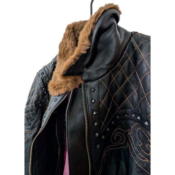 Black Brand Women's XL Sheared Beaver Sheep Leather Studded Jacket Fux Fur Trim - Picture 6 of 14
